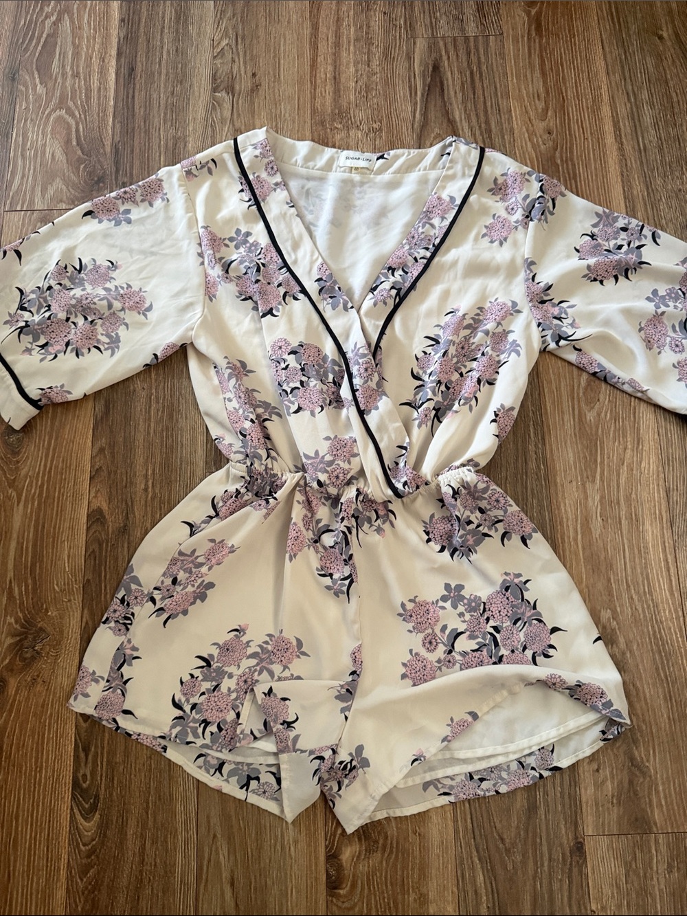 Sugarlips Cream Shorts Romper with Pink & Gray Floral Accents